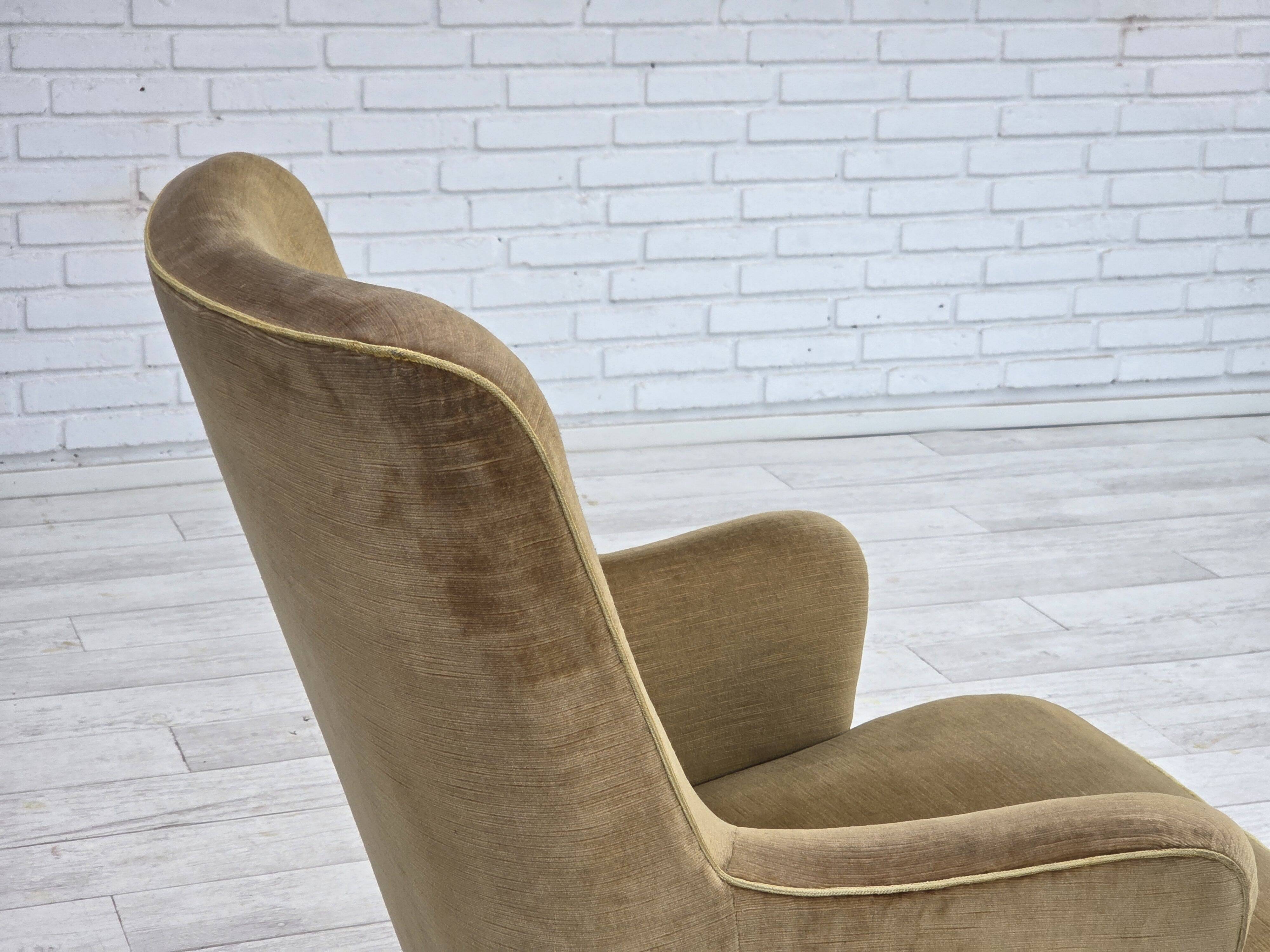 1970s, Danish highback back armchair, light green furniture velour.
