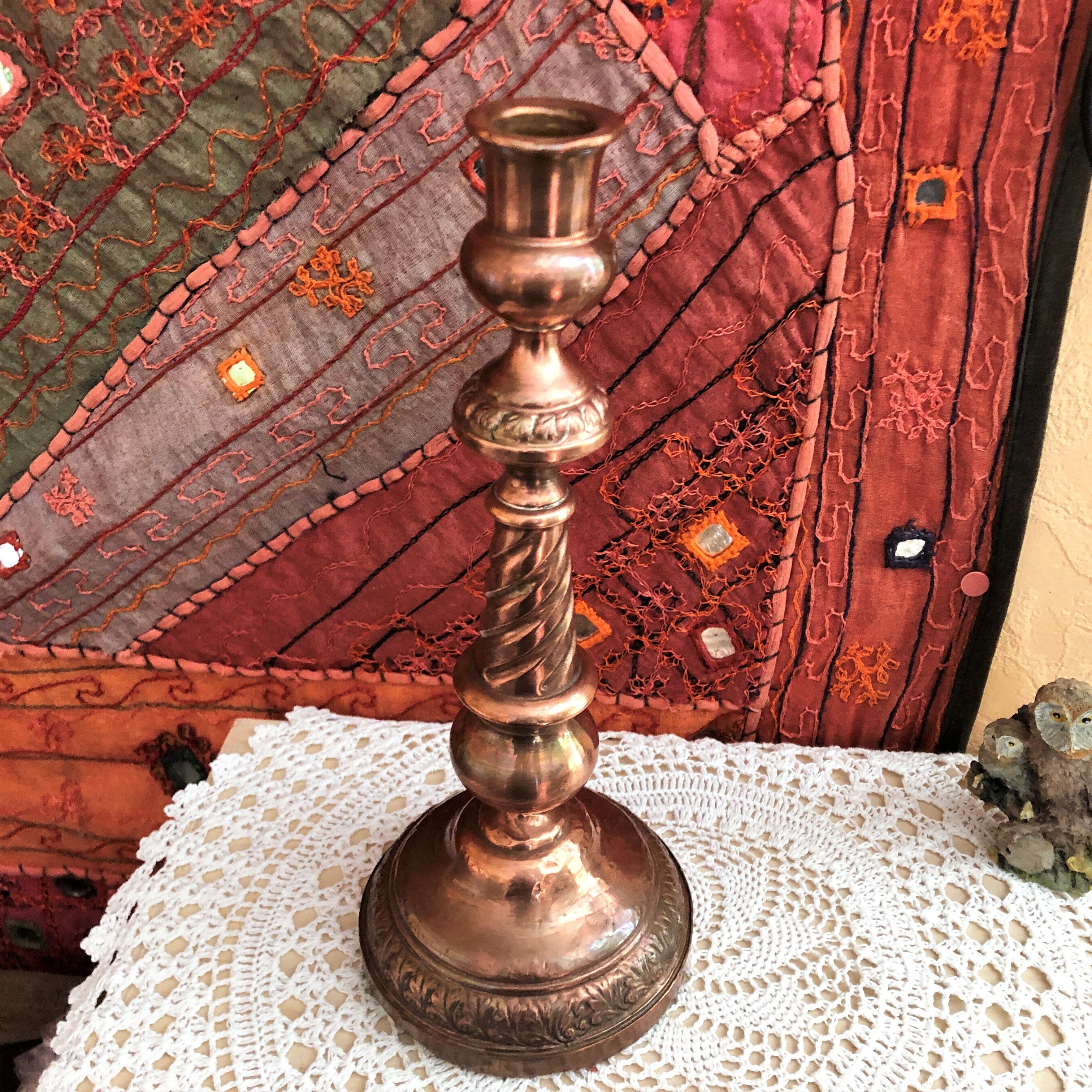 Red copper candle holder with punches