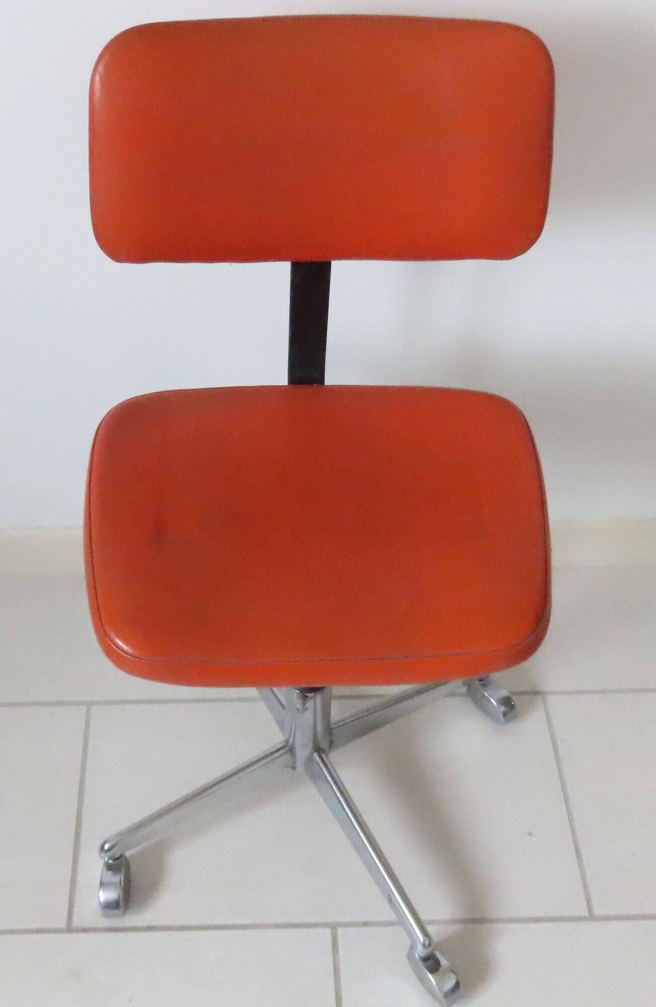 Eurosit vintage industrial workshop chair in chromed metal and orange imitation leather