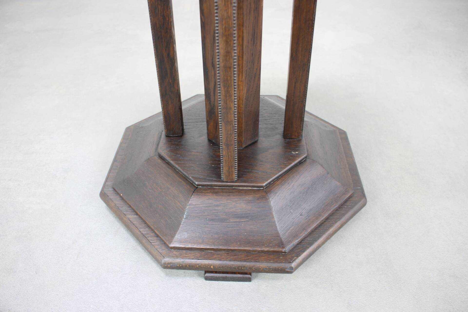 Art Deco chess table from the 1930s with a hand-decorated brass top and a stained oak base.
