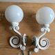 Antique enamelled cast iron wall lights / opaline globe