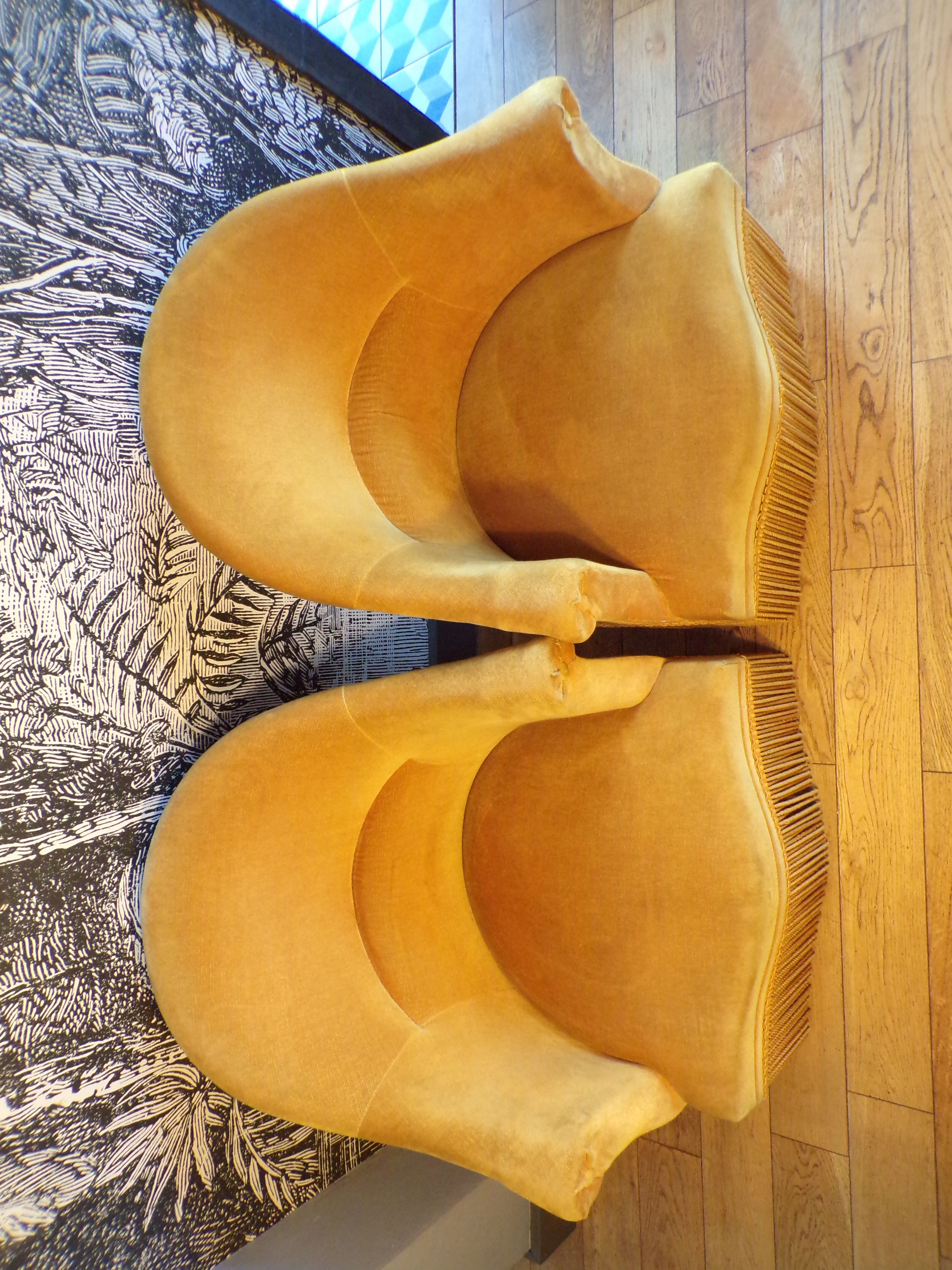Pair of mustard velvet toad armchairs