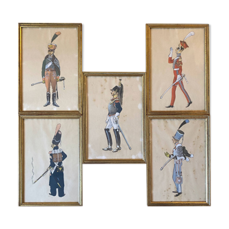 Paintings xix° portraits miltaire gouache uniform on ingres paper (cf. hergé)