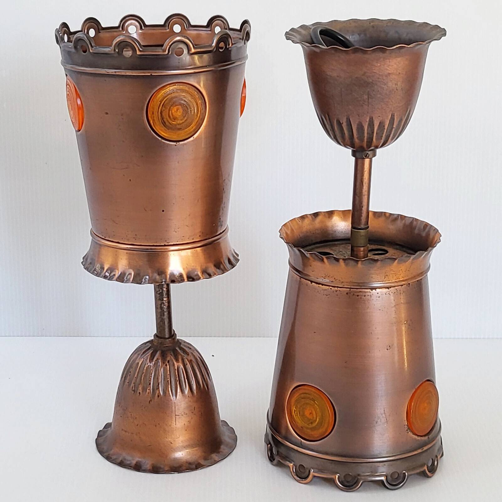 Pair of vintage 1970s brutalist suspensions in copper & orange plastic