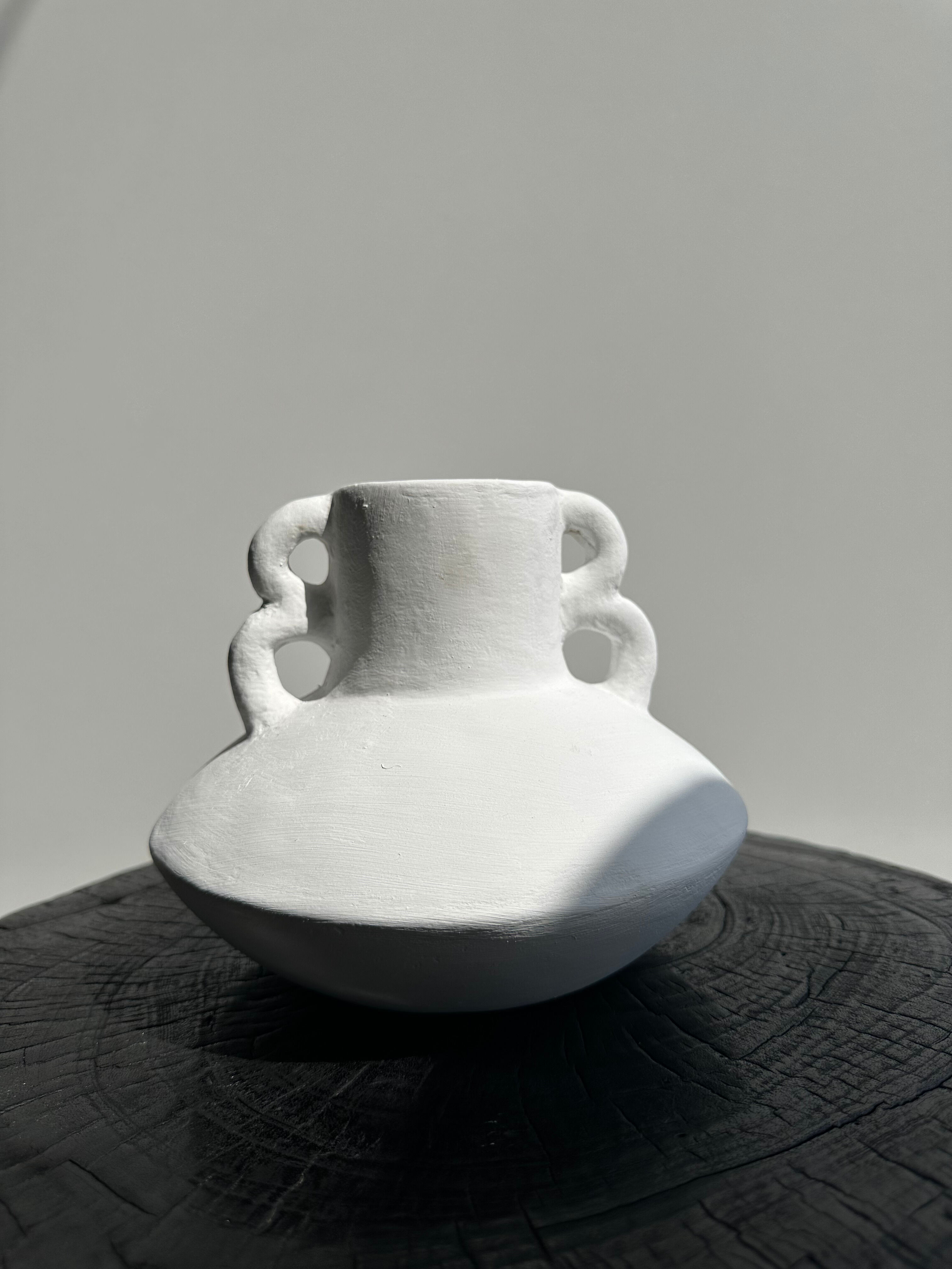 Handmade terracotta vase painted white with double handles H:16 D:20