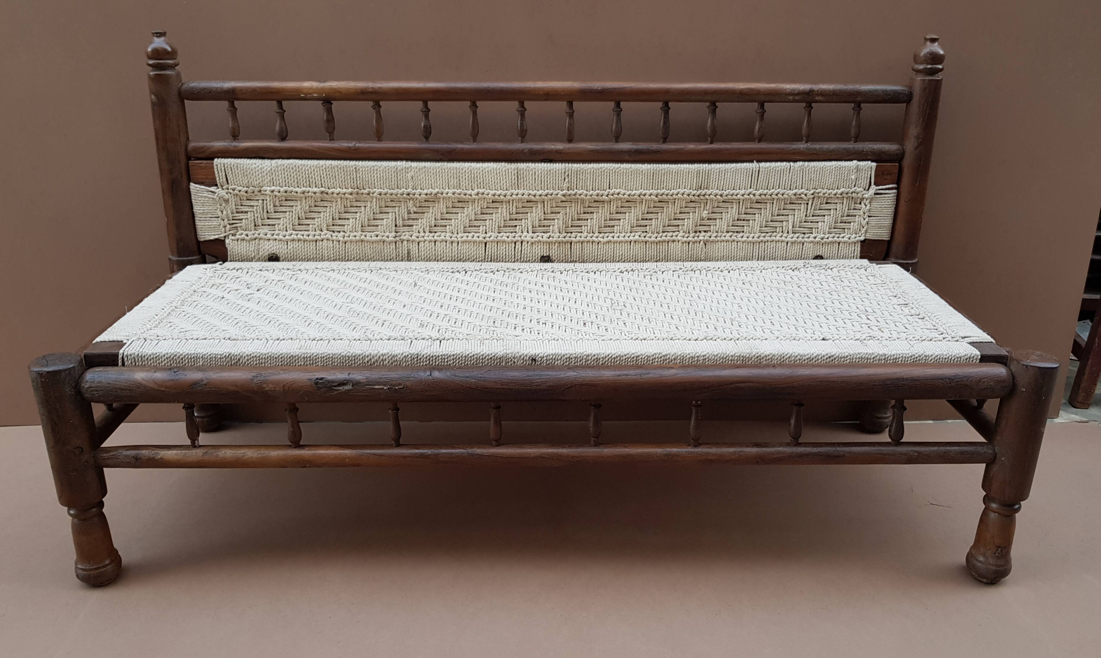 Natural burmese teak sofa and braided cotton seat & backsplash