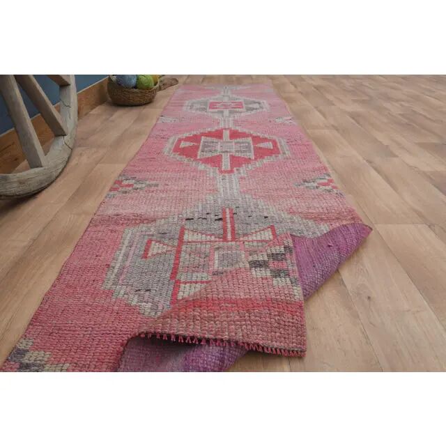 1970s Vintage Turkish Handmade Wool & Cotton Pink Runner Rug 83x307