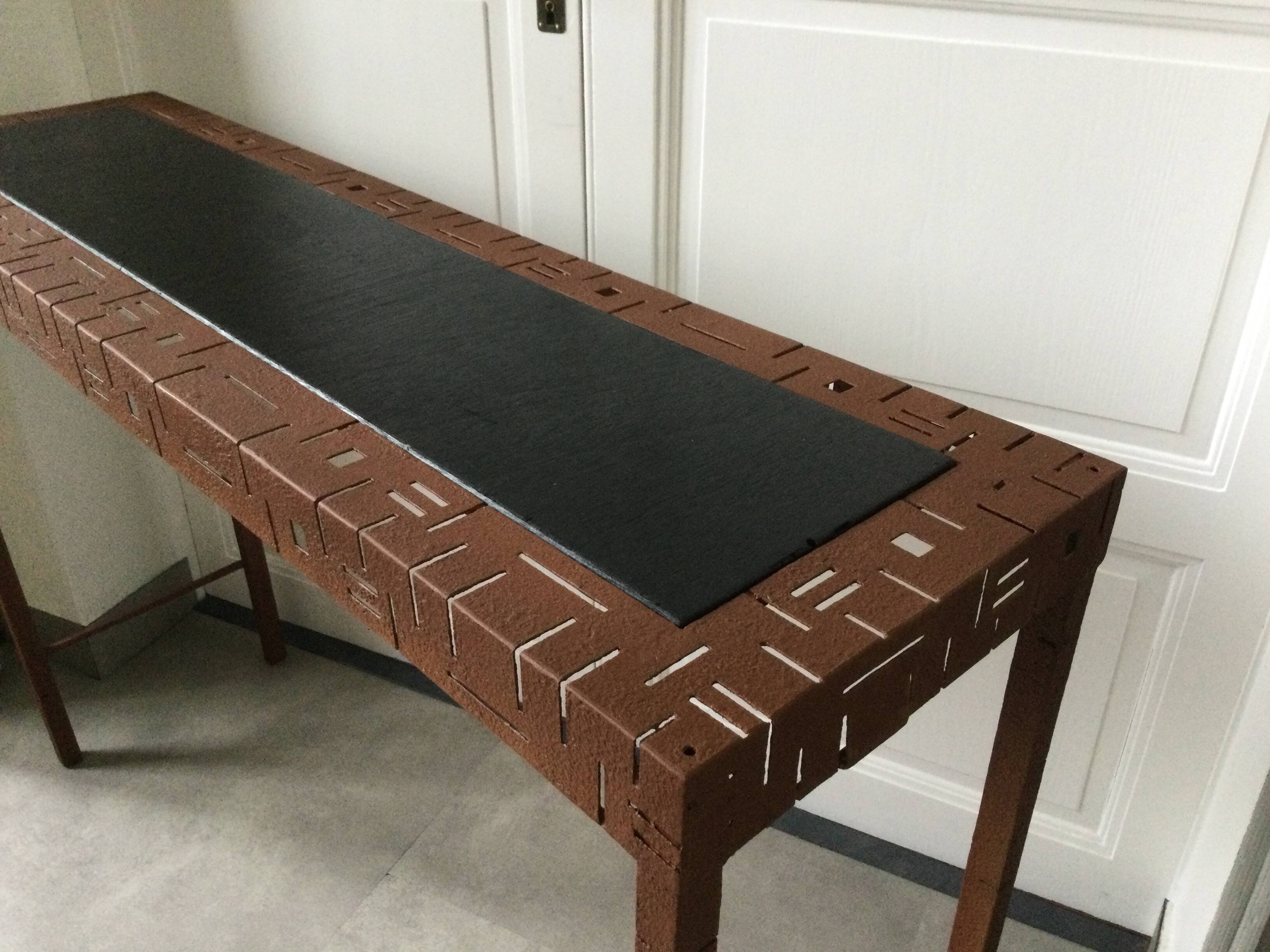 Perforated sheet metal and wood console