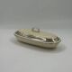 Vintage Art Deco butter dish in ivory ceramic with platinum stripes.
