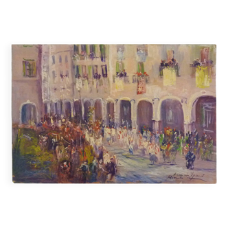 Oil on wood by Riccardo Capone Procession 50s 60s