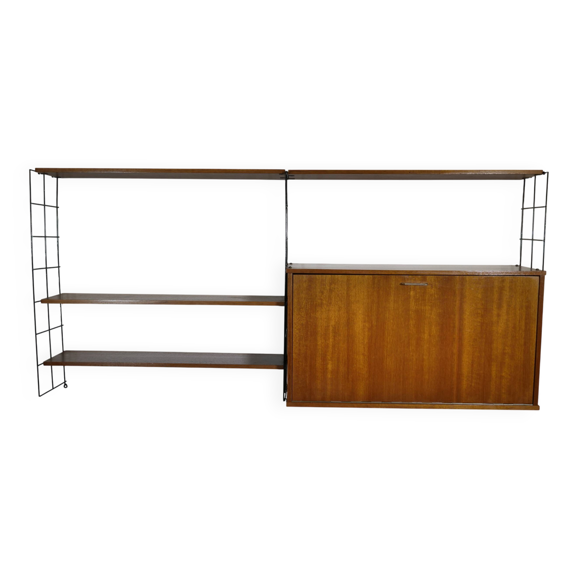 Mid Century String Shelving Unit in Teak with Secretary Cabinet, 1960s