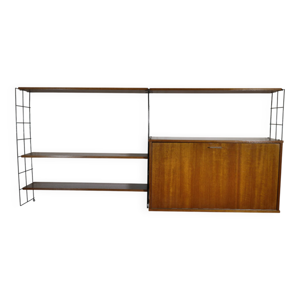 Étagère à cordes de milieu de siècle en teck avec cabinet secrétaire, années 1960