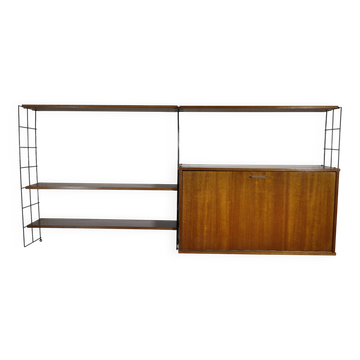 Mid Century String Shelving Unit in Teak with Secretary Cabinet, 1960s