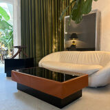 Caramel leather and black glass coffee table