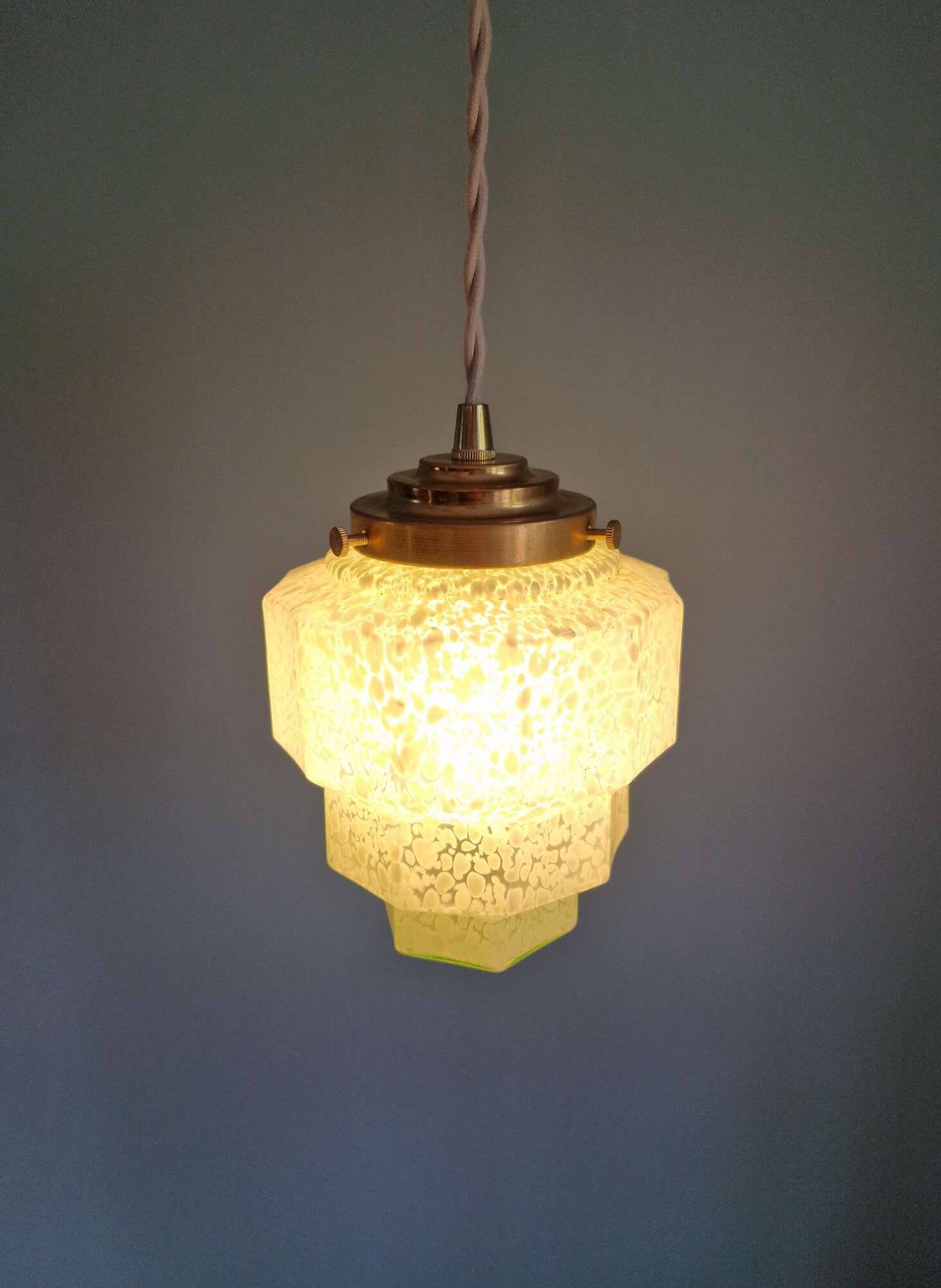Art Deco skyscraper pendant light in speckled glass, 1920s-30s