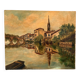 Old Oil Painting Canvas Linen River Church Village Bridge Signed D