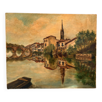 Old Oil Painting Canvas Linen River Church Village Bridge Signed D