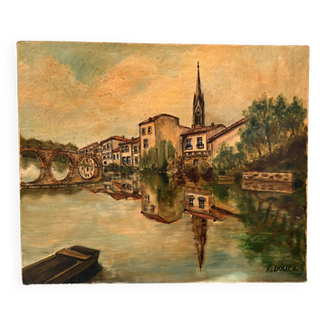 Ancien Tableau Peinture Huile Toile Lin Rivière Eglise Village Pont Signé D