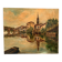 Old Oil Painting Canvas Linen River Church Village Bridge Signed D
