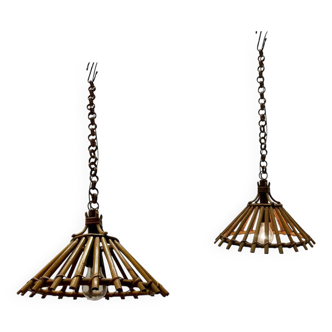 Lot de 2 suspensions vintage en rotin des années 1960