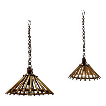 Lot de 2 suspensions vintage en rotin des années 1960