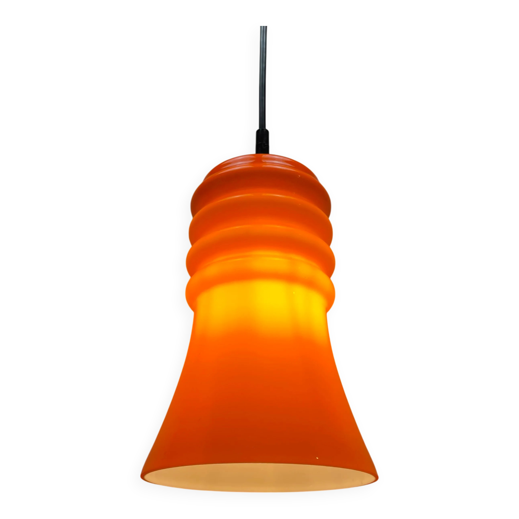 Rare orange glass trumpet-shaped pendant light by Peill & Putzler, 1960.