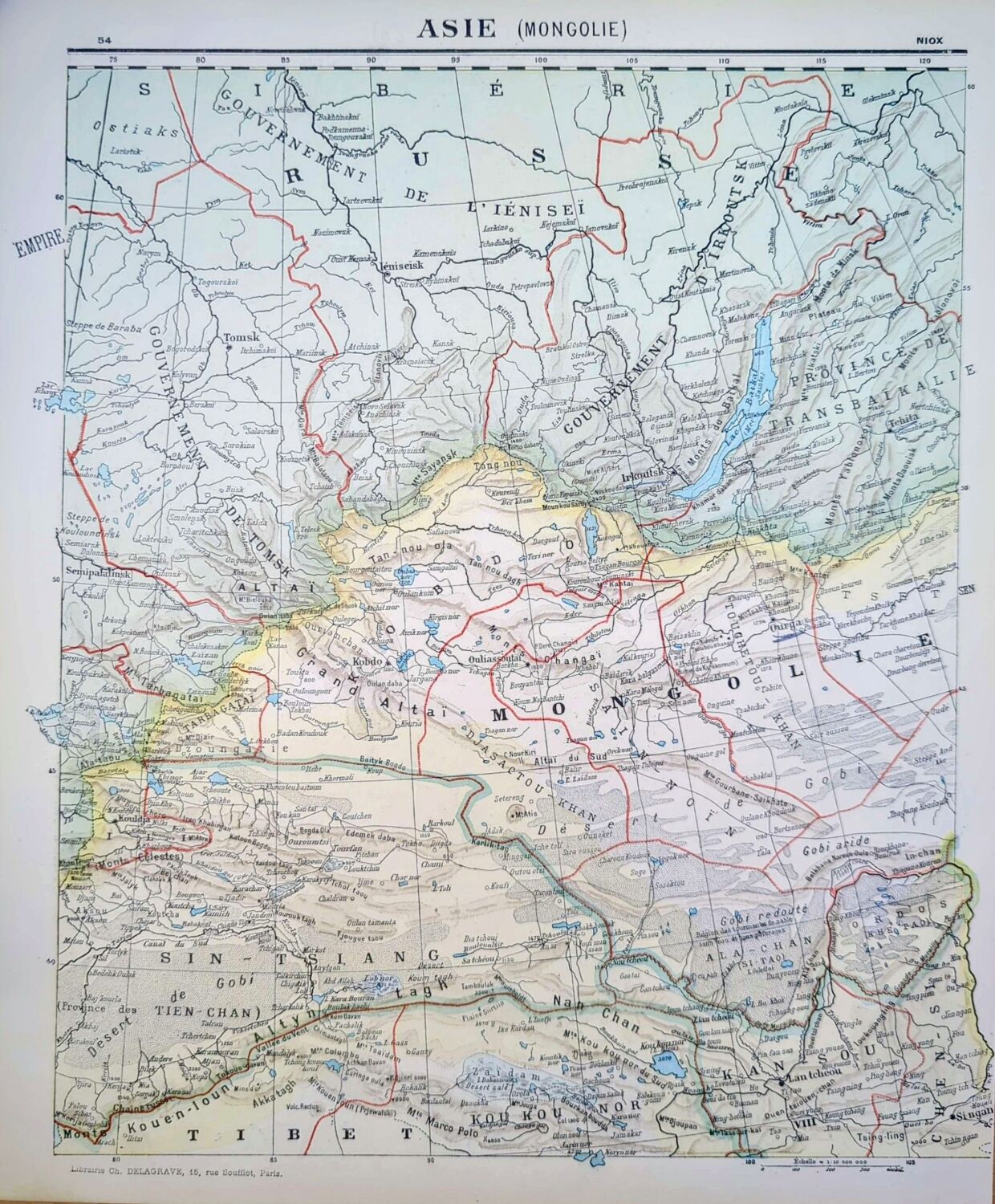 Mongolie, Asie. Planche géographique imprimée en 1900.