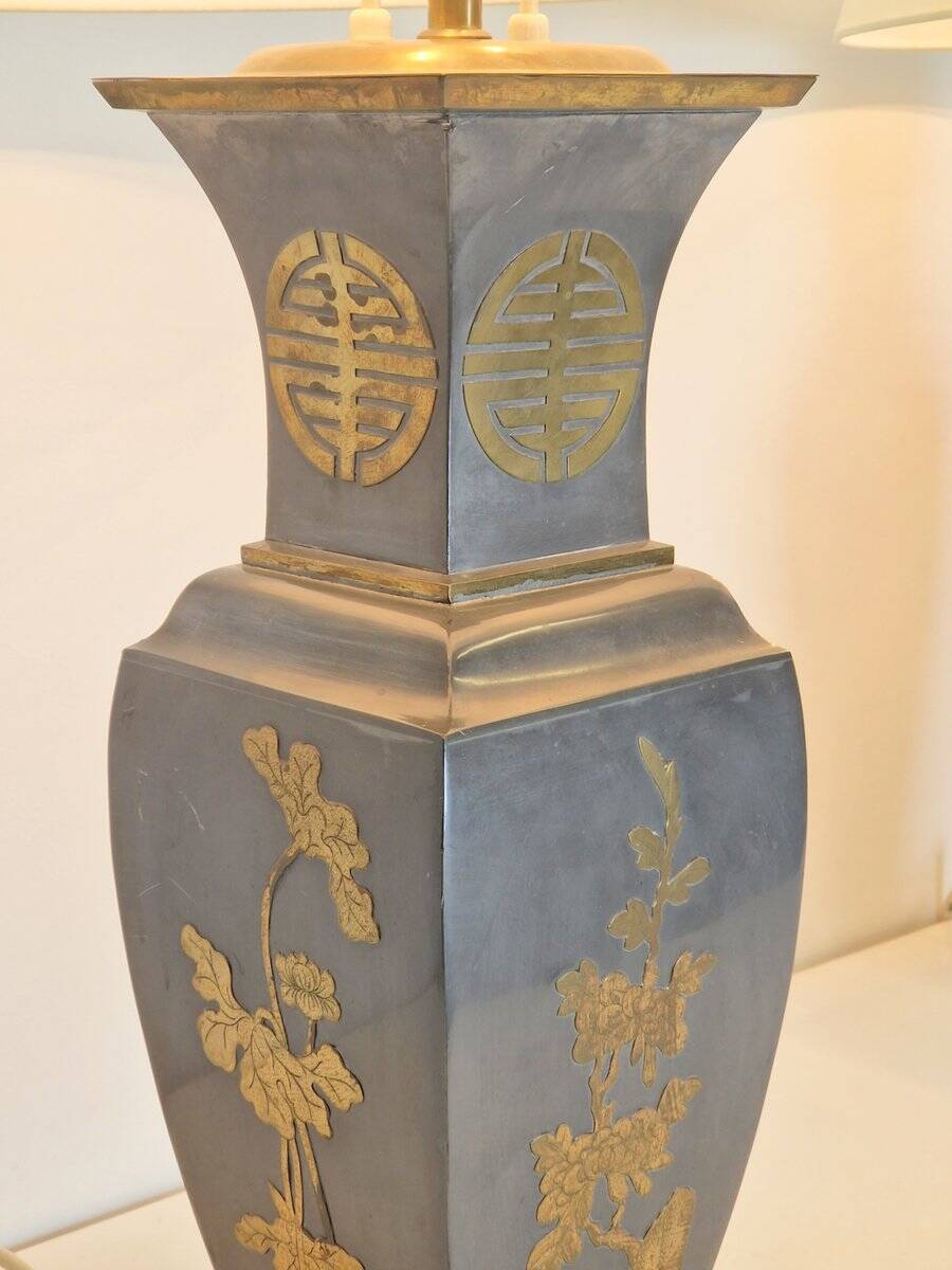 Vintage Asian Table Lamps in Pewter and Brass, 1950s, Set of 2