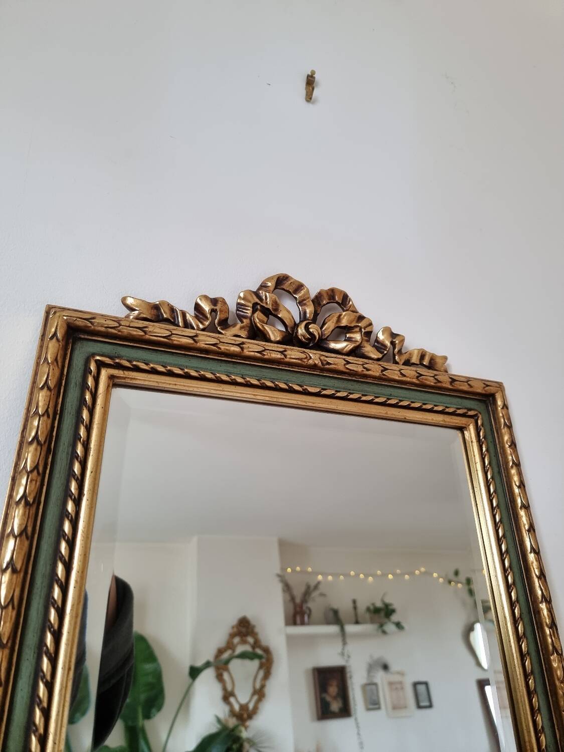 Gold and fir green beveled mirror, Louis XVI/Regency style, 1970