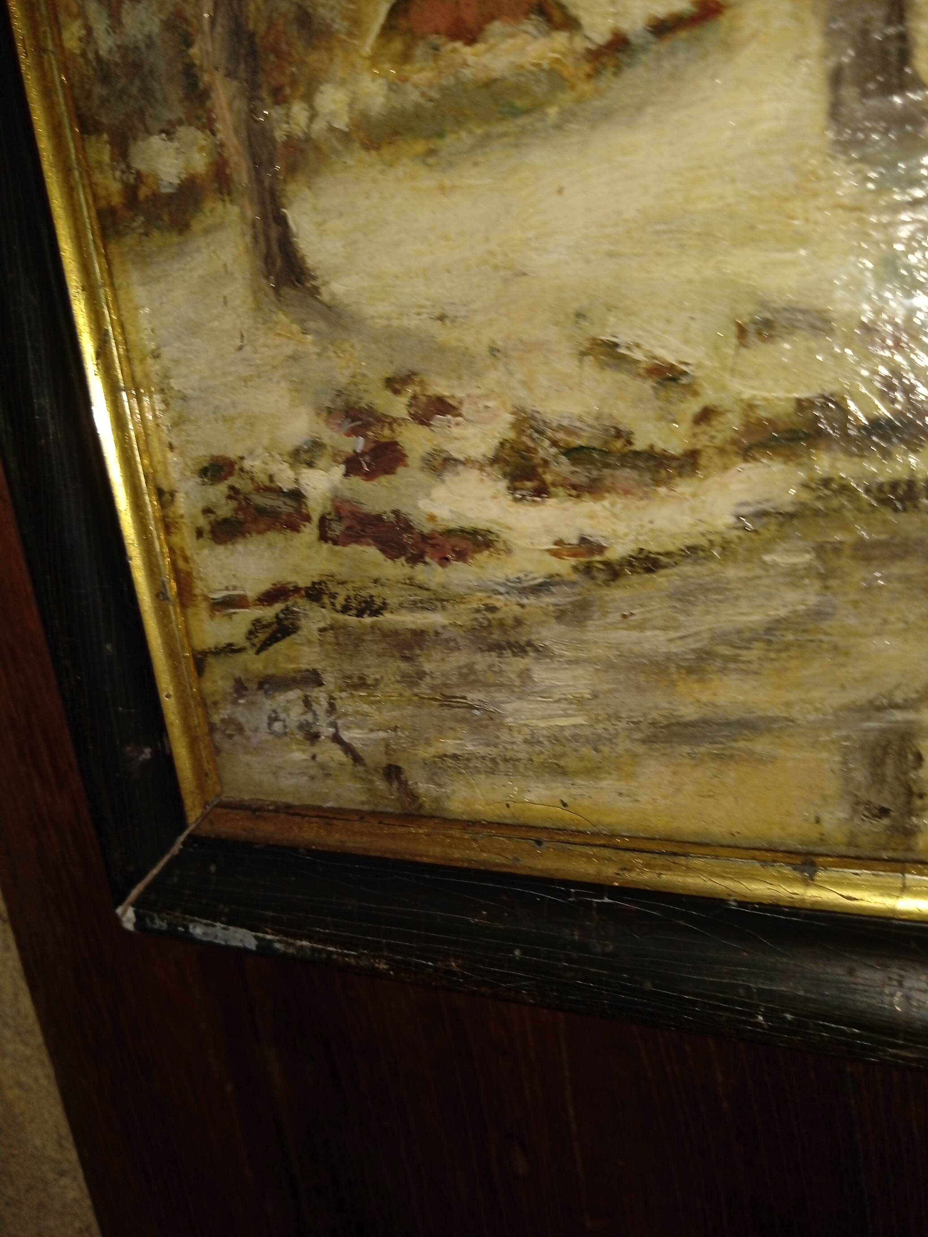 Old framed painting, oil "Wood under the snow", signed