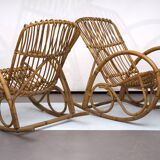 Franco Albini style, pair of rattan and bamboo rocking chairs. Italy 1950s