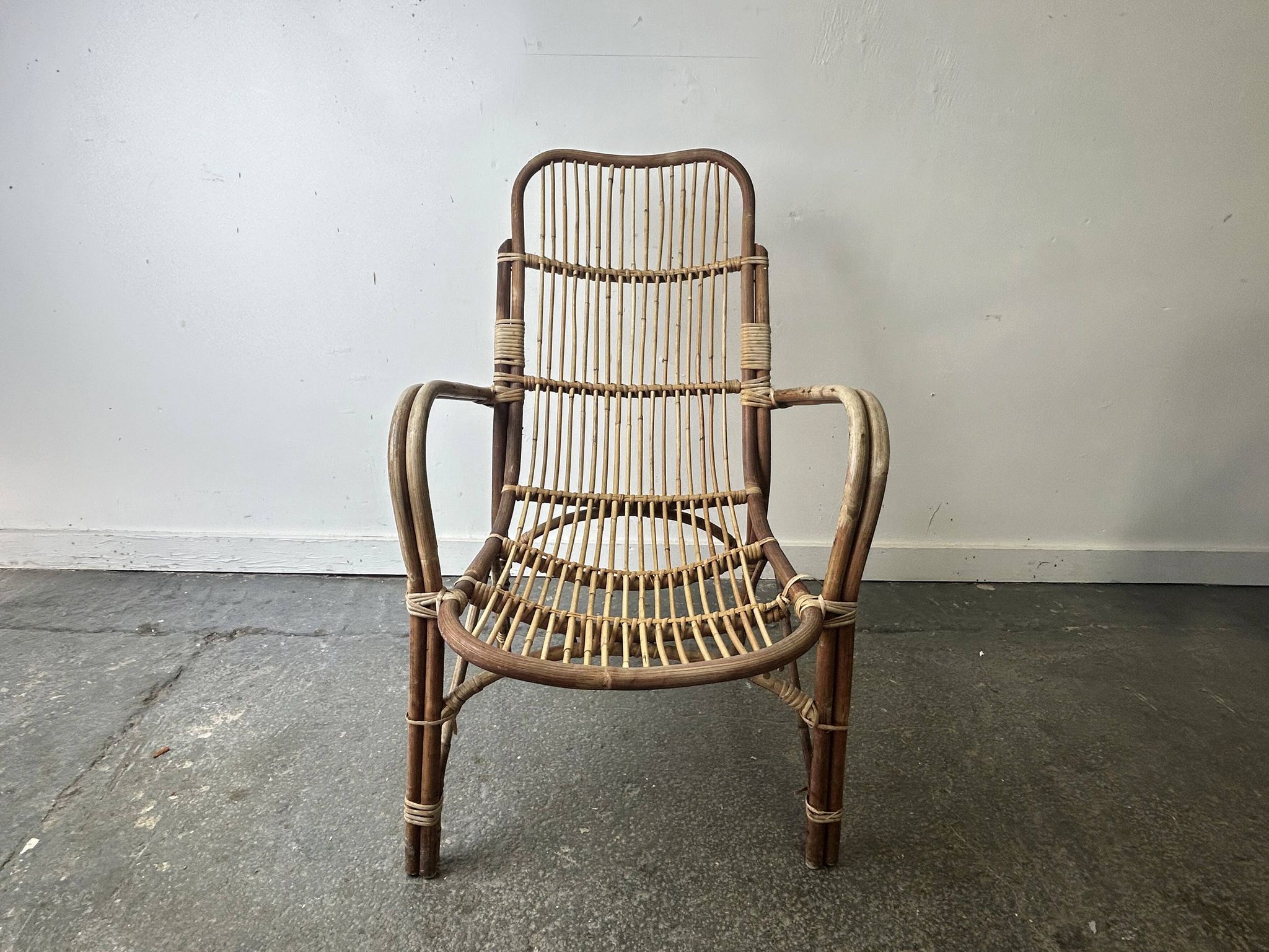 Pair Mid-Century 1960s Vintage Rattan Bamboo Lounge Arm Chairs
