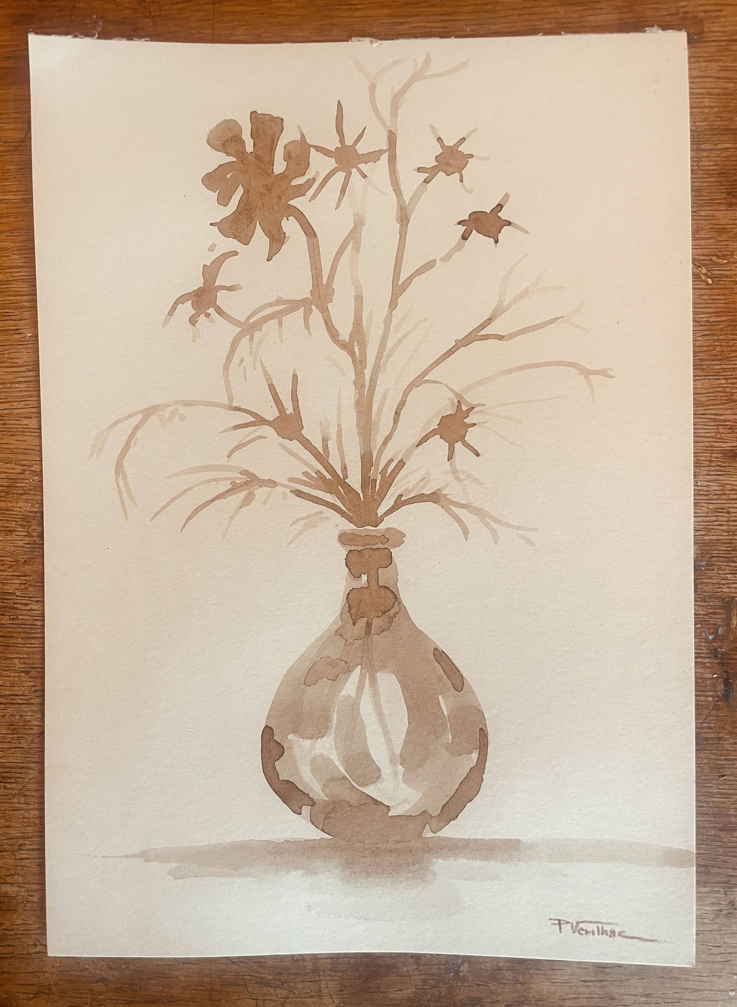 Tableau, nature morte monochrome sépia « fleurs séchées », signé