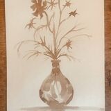 Signed still life monochrome sepia painting "dried flowers"