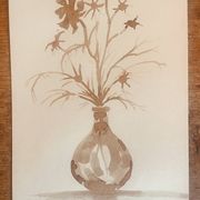 Tableau, nature morte monochrome sépia « fleurs séchées », signé
