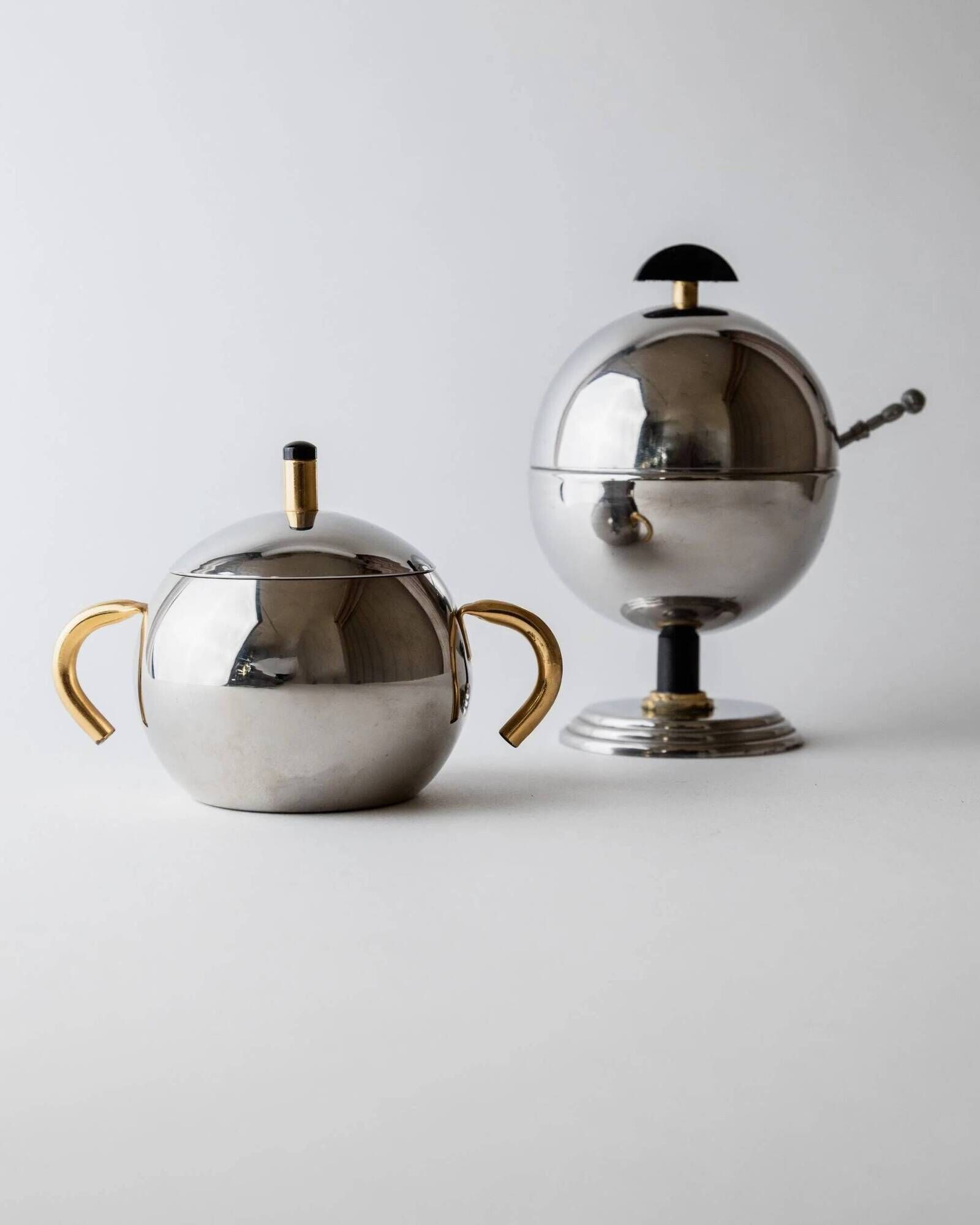 Vintage 1980s set of sugar or jam bowls, stainless steel and brass serving bowls, elegant postmodern tableware, breakfast service, gift idea.