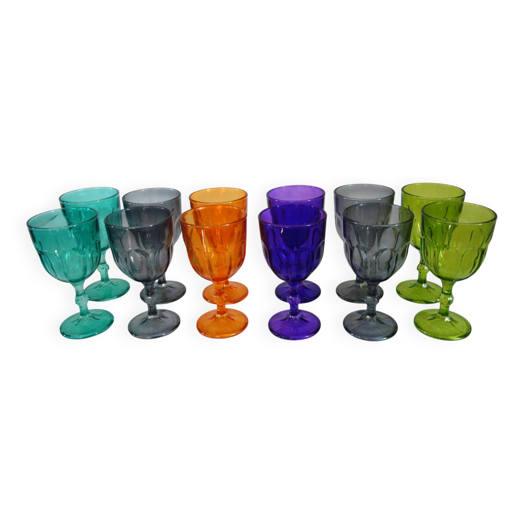 12 large vintage coloured glasses
