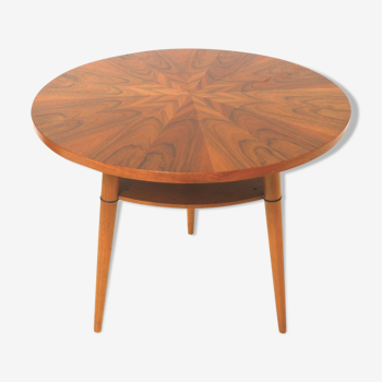 Table d’appoint ronde vintage avec dessin sur bois réalisé dans les années 1960