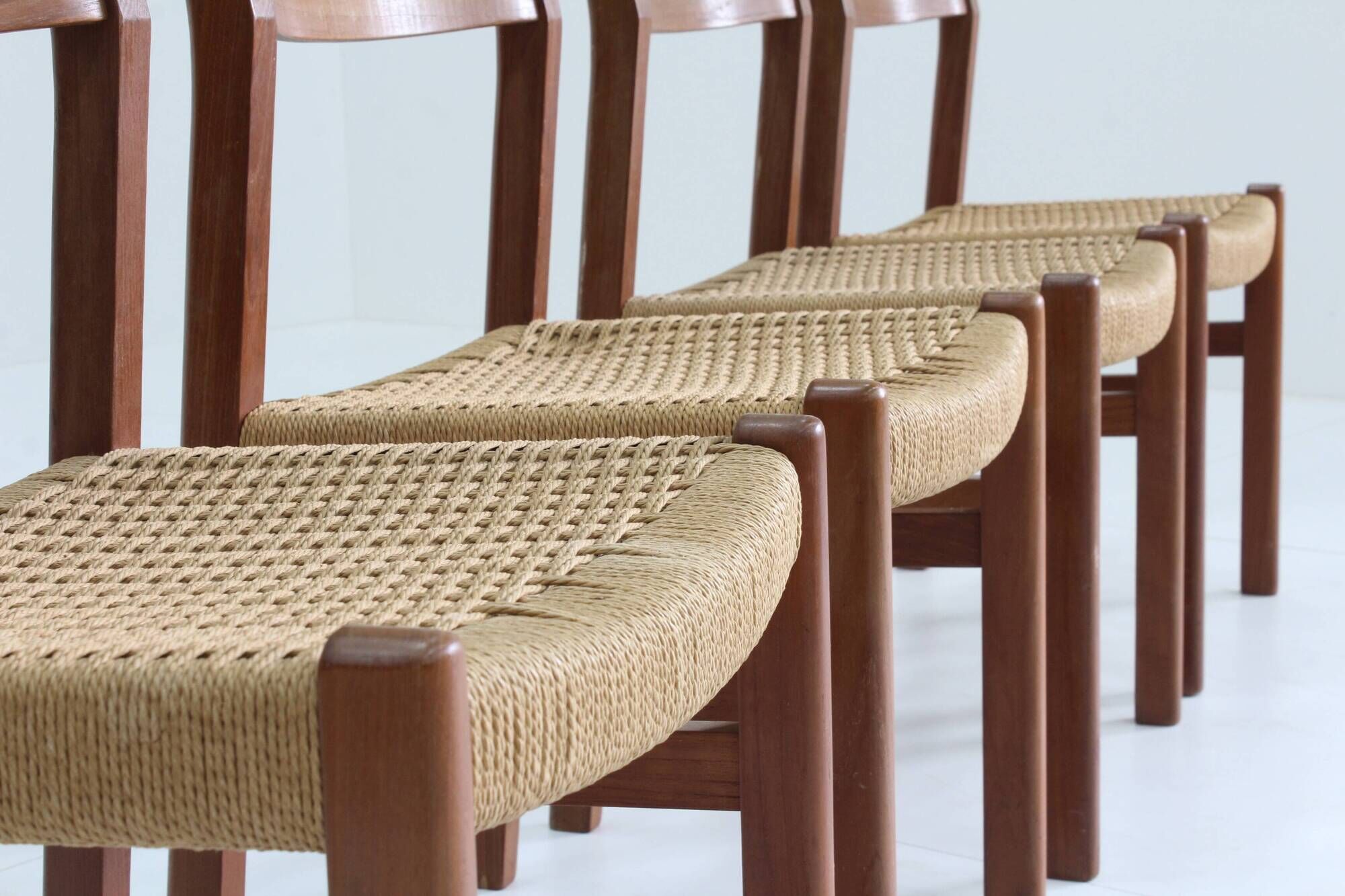 Mid Century Danish teak and paper cord dining chairs 1960s , set of 4