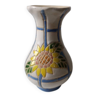 Vase en Céramique Émaillée à Décor de Tournesol et Motifs Géométriques