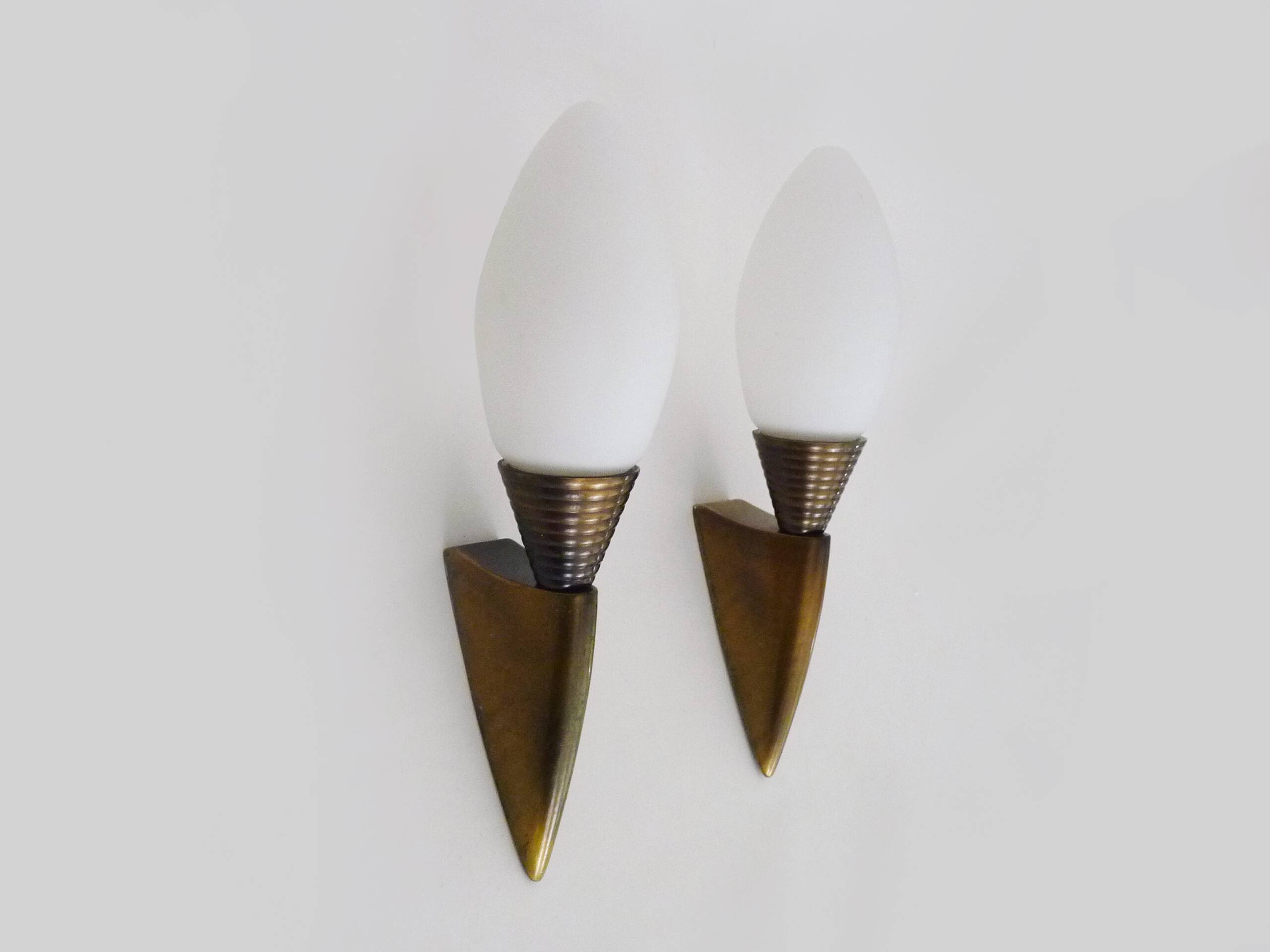 Pair of wall sconces, torchère, brass and opaline. 1980s.