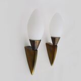 Pair of wall sconces, torchère, brass and opaline. 1980s.