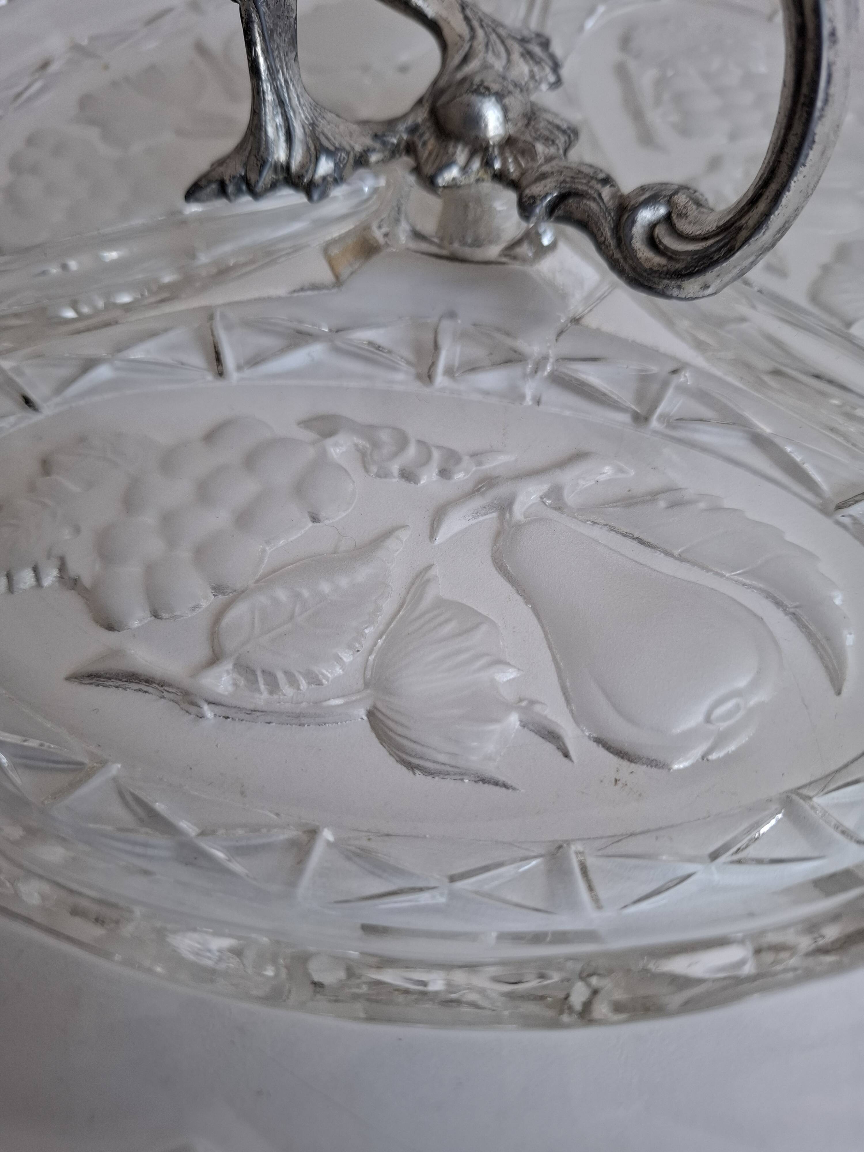Art Deco Pressed Glass Divided Serving Dish with Alpaca Handle, 1930