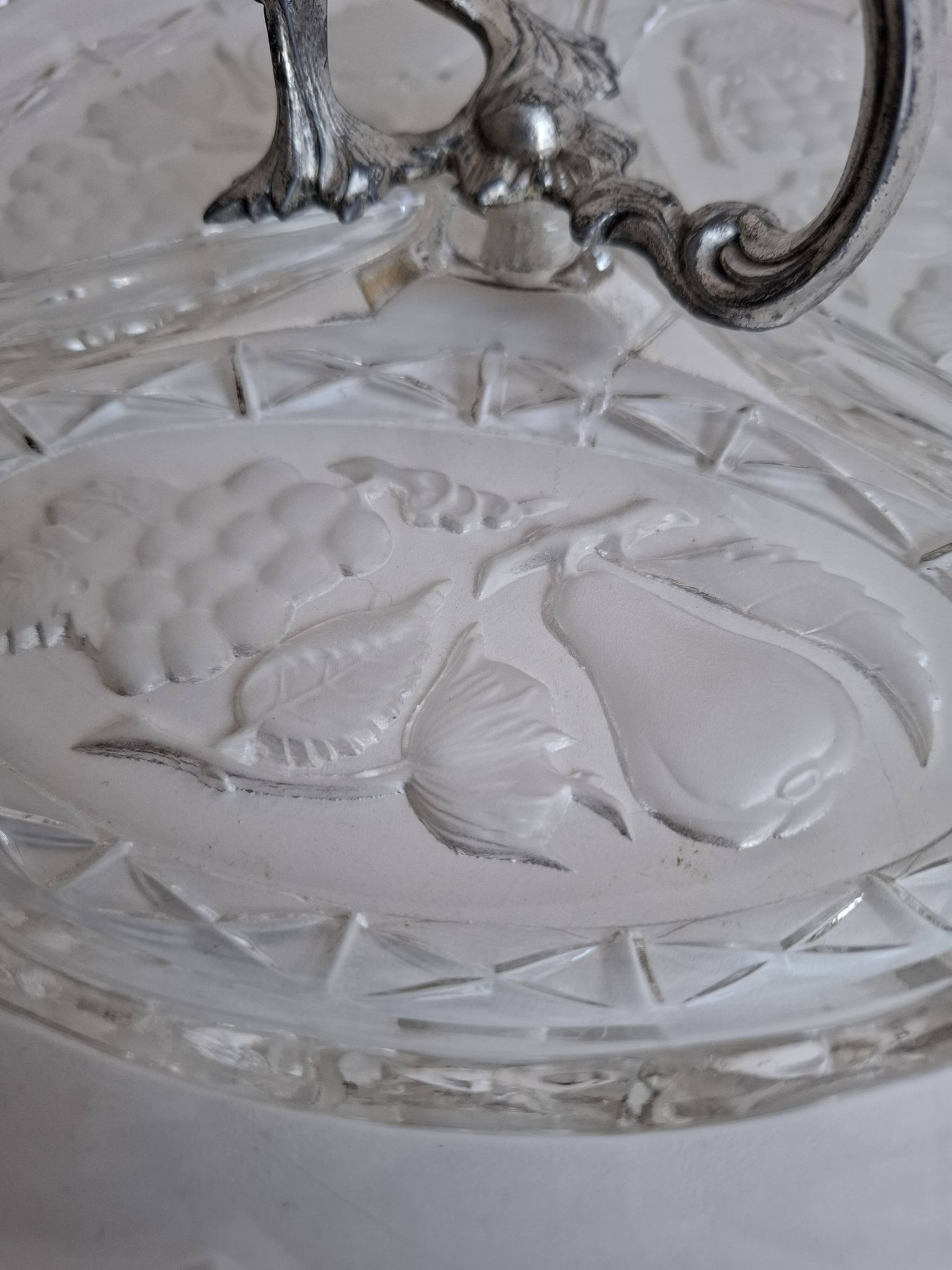 Art Deco Pressed Glass Divided Serving Dish with Alpaca Handle, 1930