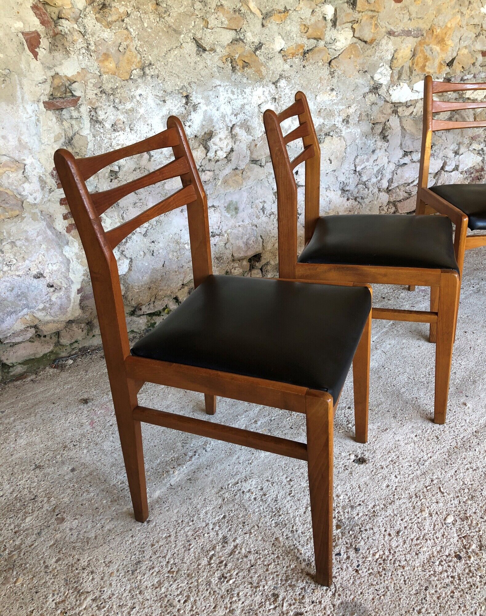 Set of 4 scandinavian chairs in blond teak and black skai 60s