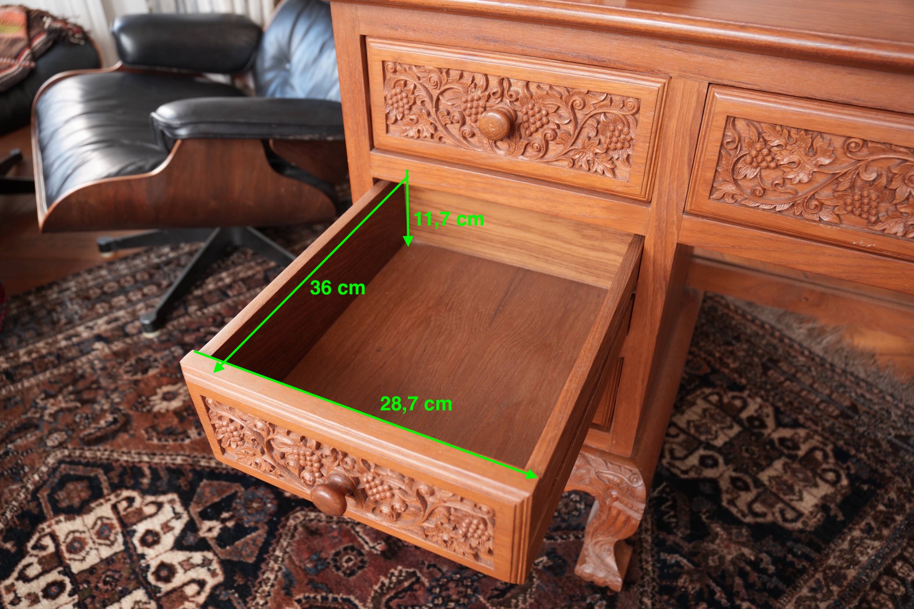 Vintage Vanity Desk, unique hand carved, Chiang Mai teak wood