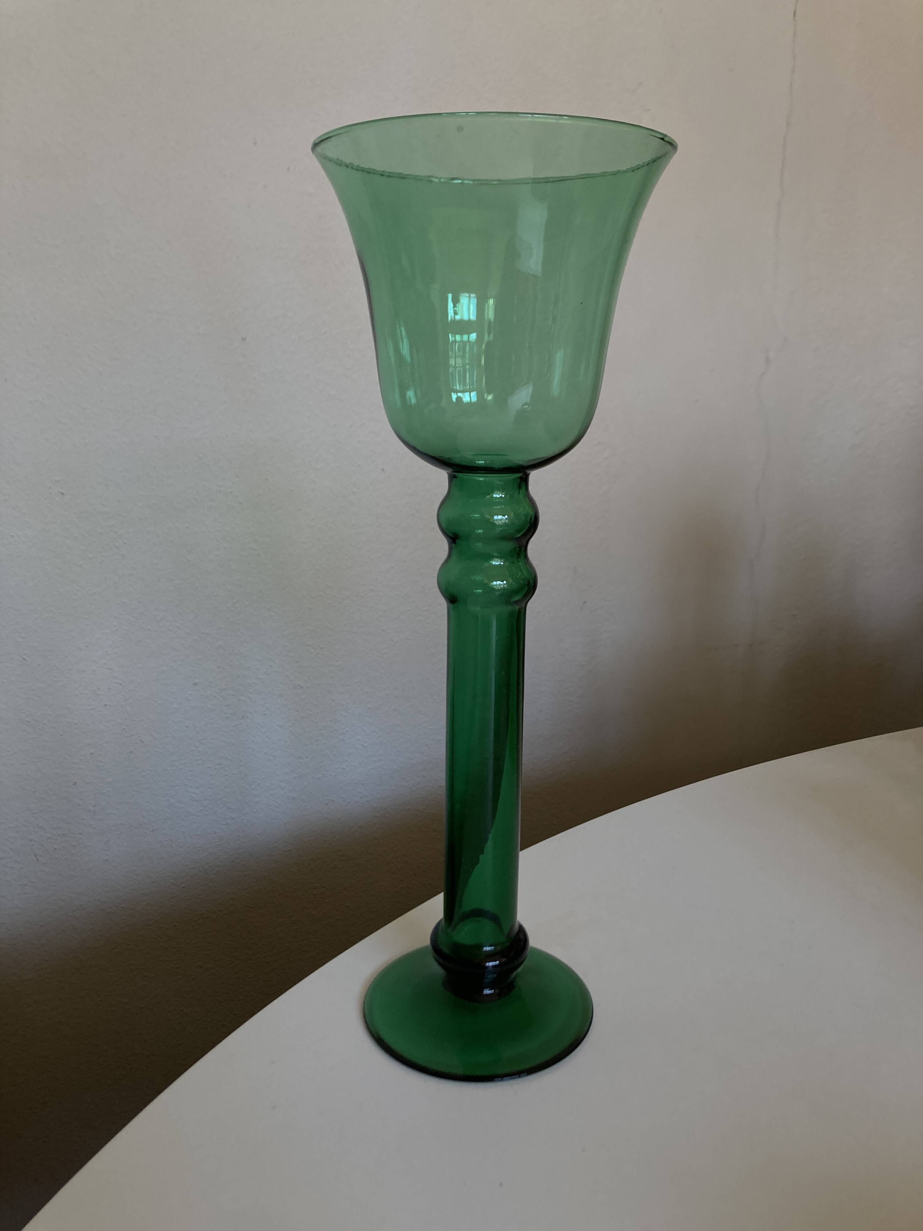 XXL tulip candle holder in blown green glass from the 1960s