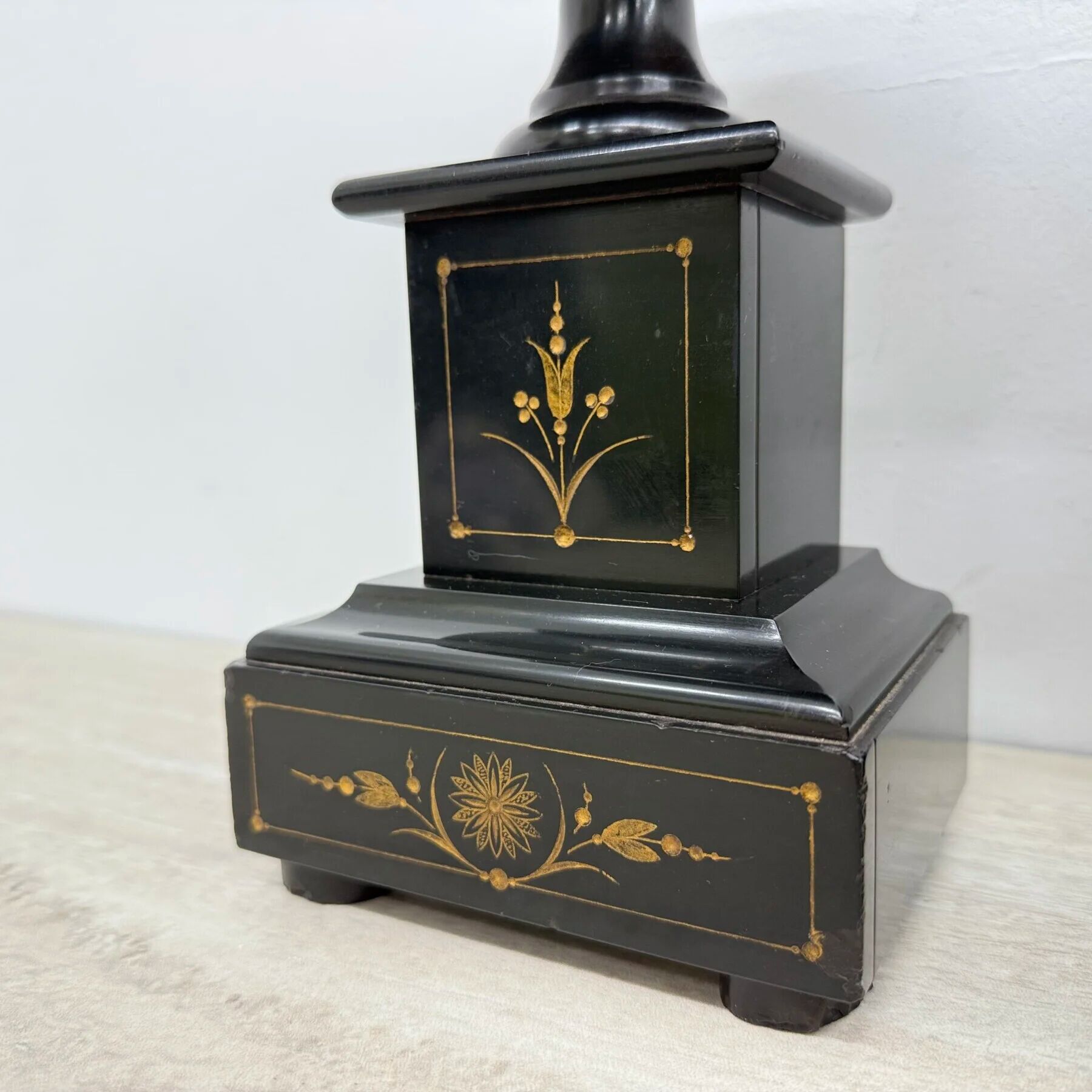 Antique French black marble cassoulets gilt decor pedestals neoclassical pair, 1900s