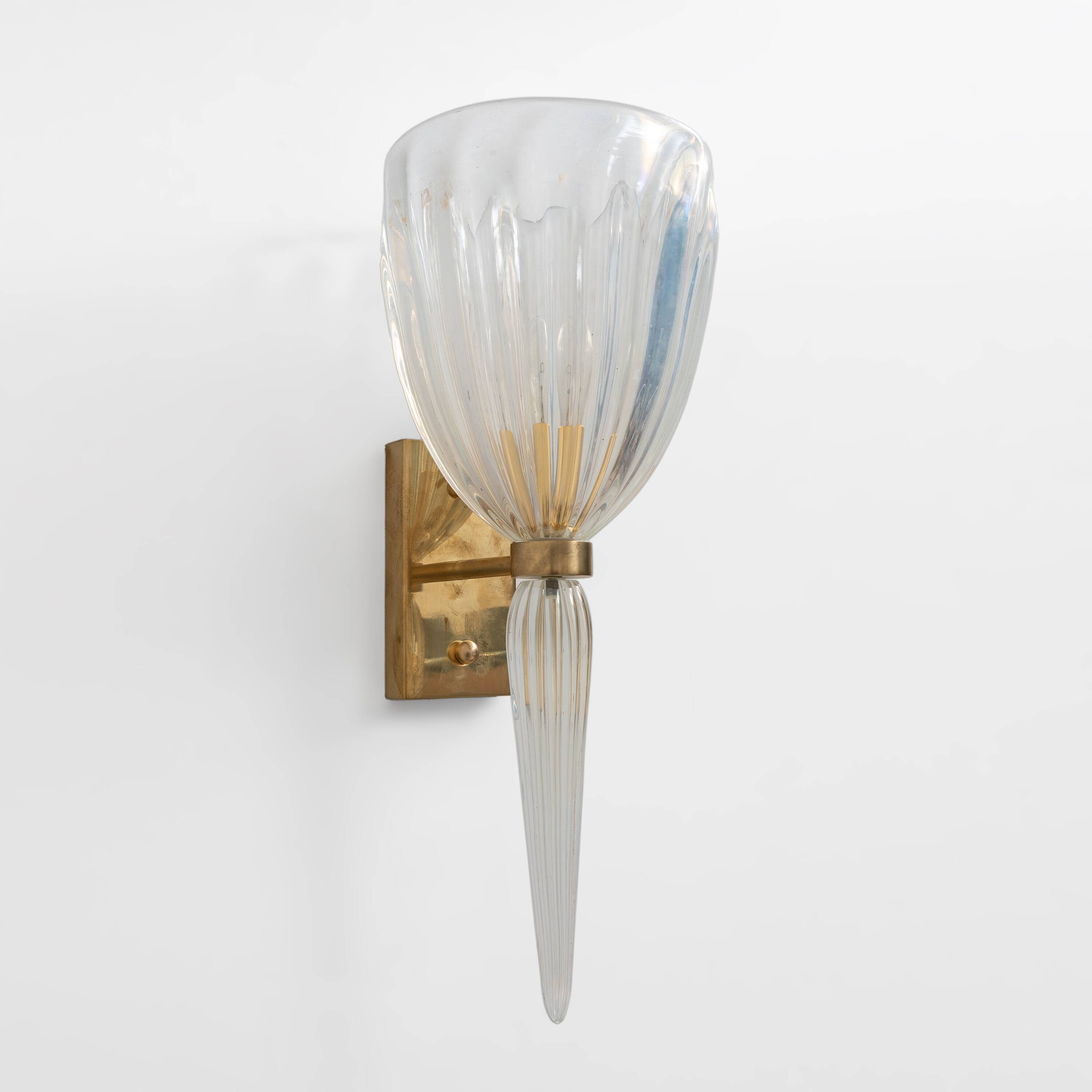 Pair of Italian Murano Iridescent Glass and Brass Wall Sconces