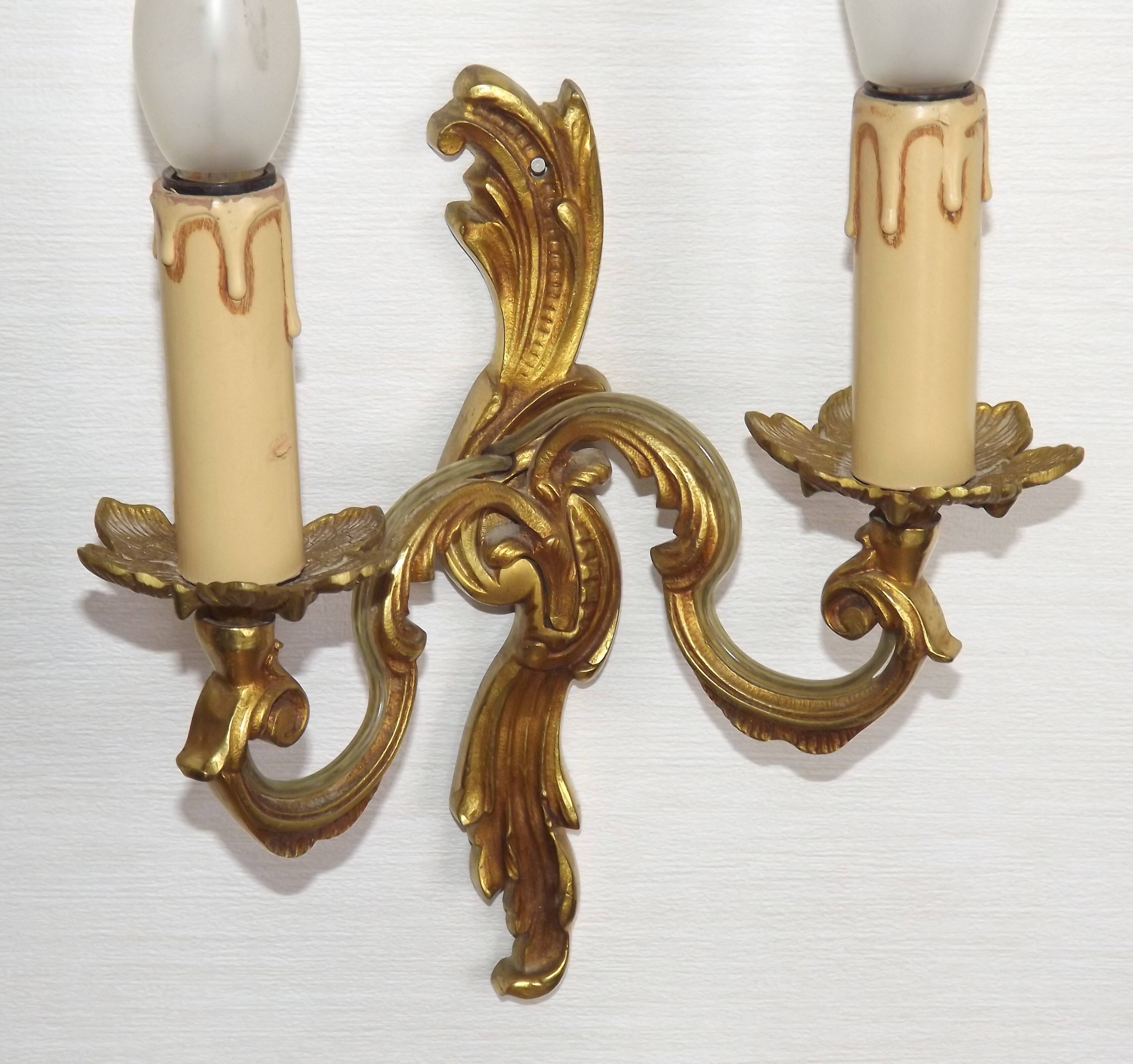 Stylish Vintage French Bronze Double Wall Sconces with Acanthus Leaf Detail